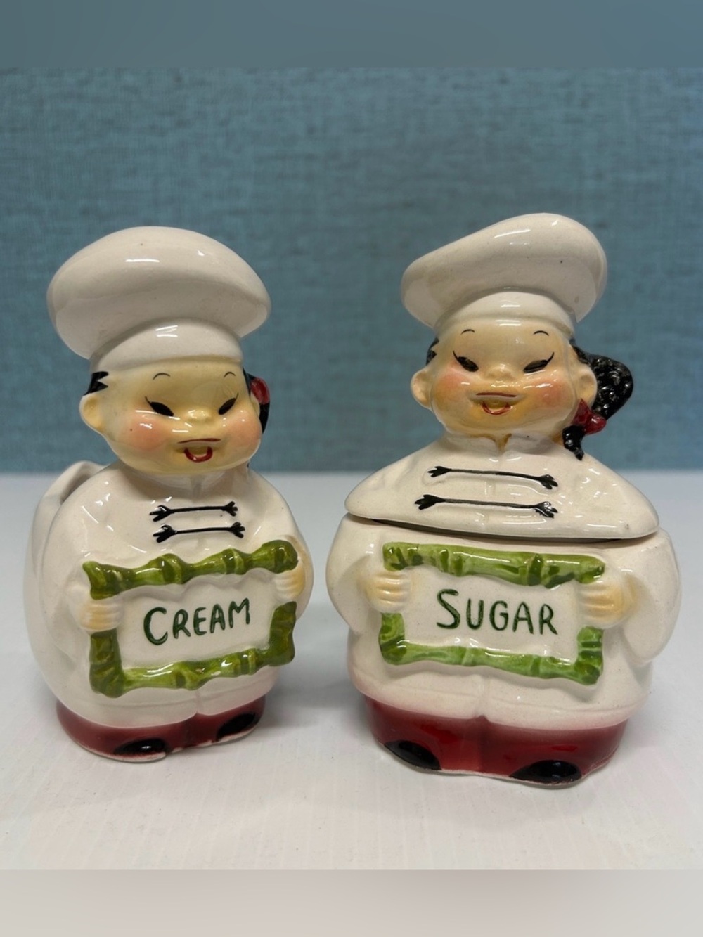Vintage Ceramic Asian Chef Cream & Sugar Set Mid Century
